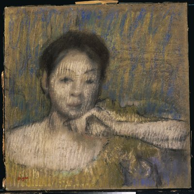 Borstbeeld van een vrouw met haar linkerhand op haar kin, ca. 1895-98 door Edgar Degas