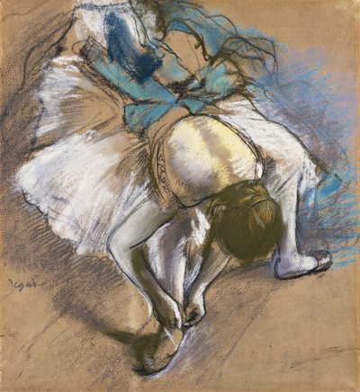 Danseres die haar schoenen aantrekt, c.1880-1885 door Edgar Degas