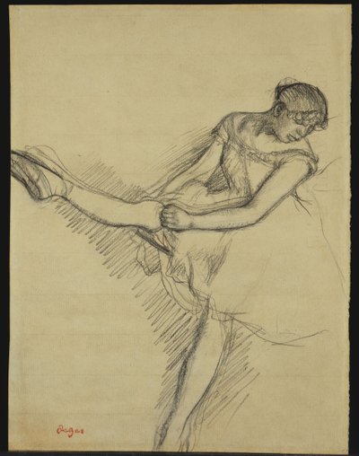Zittende danseres, haar kous aanpassend, ca. 1880 door Edgar Degas