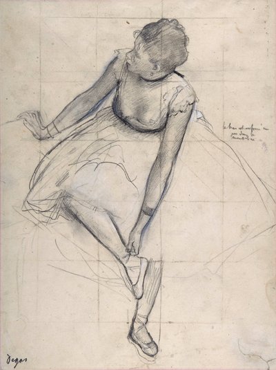 Dancer die haar schoen aanpast (ballerina). Tekening door Edgar Degas (1834-1917) New York City. Metropolitan Museum of Art. door Edgar Degas
