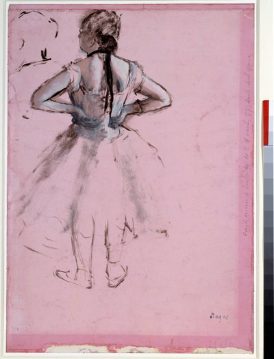 Dancer van achteren, handen op de heupen door Edgar Degas