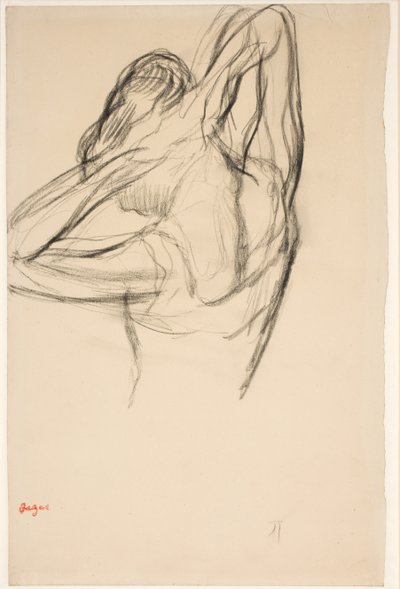 Danseres, halve lichaam, armen gekruist achter haar hoofd, ca. 1890 door Edgar Degas