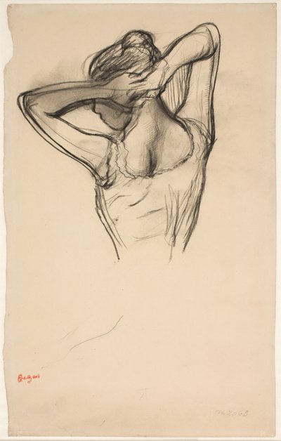 Danseres, halve lichaam, armen gekruist achter haar hoofd door Edgar Degas