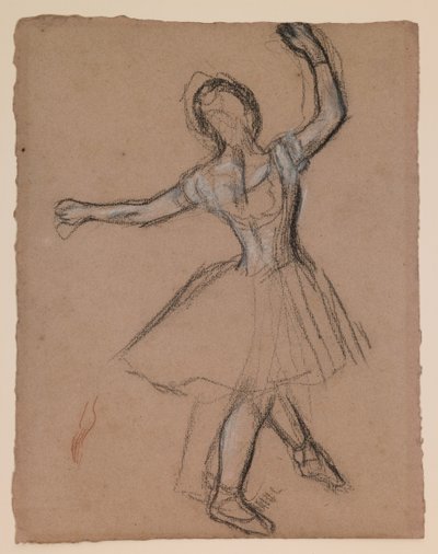 Danseres op het toneel en in beweging, ca. 1880-85 (wit, zwart en rood gefabriceerd krijt) door Edgar Degas