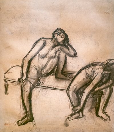 Dansers in rust. Rond 1900. Houtskool op papier geplakt op karton. door Edgar Degas
