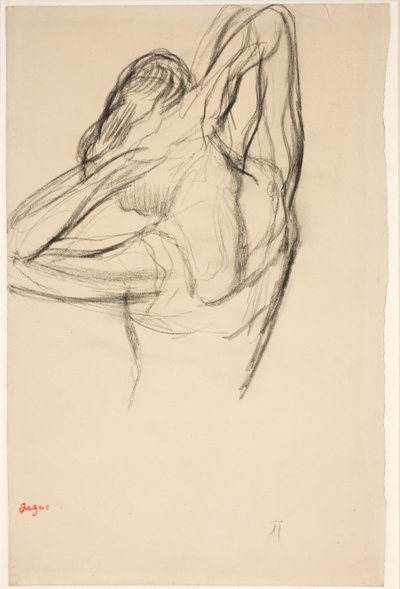 Danseres die haar haar doet; halve figuur in profiel naar links, half van achteren door Edgar Degas