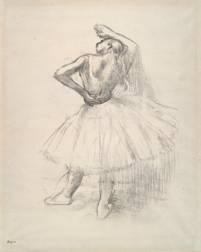 Staande danseres, rechterarm omhoog door Edgar Degas