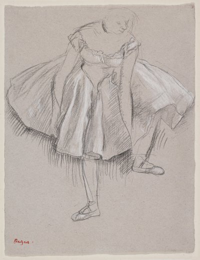 Danseres die haar schoen aanpast, begin 1880s (houtskool en pastel op papier) door Edgar Degas