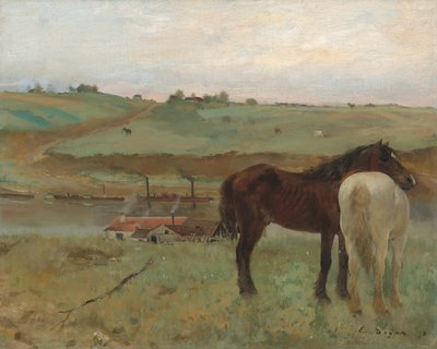 Paarden in een weide door Edgar Degas