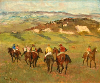 Jockeys te paard voor verre heuvels, 1884 door Edgar Degas