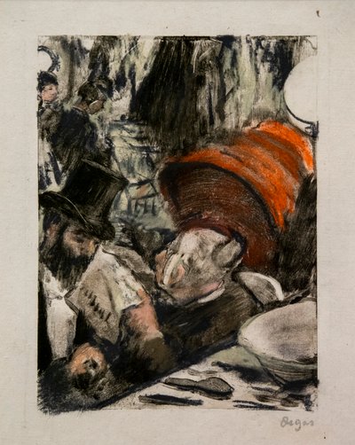 Ludovic Halevy hoort het verhaal van Madame Cardinal in een kleedkamer. Rond 1876-1877 door Edgar Degas
