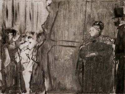 Ontmoet Ludivic Halevy en Madame Cardinal achter de schermen. Rond 1876-1877. Monotype met zwarte inkt. door Edgar Degas