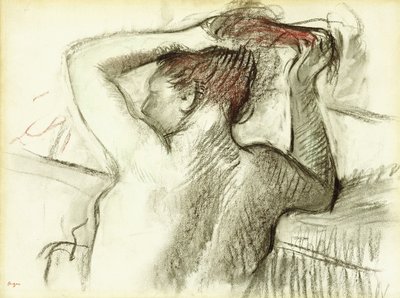 Naakte vrouw die haar haar stylt door Edgar Degas