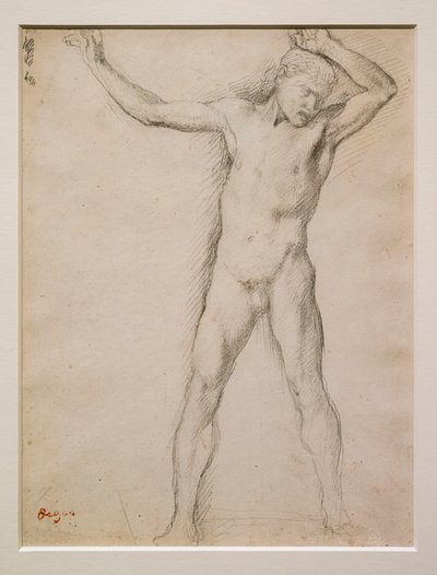 Naakt gezicht, armen omhoog, circa 1859-1861. Grafiet op velijnpapier. door Edgar Degas