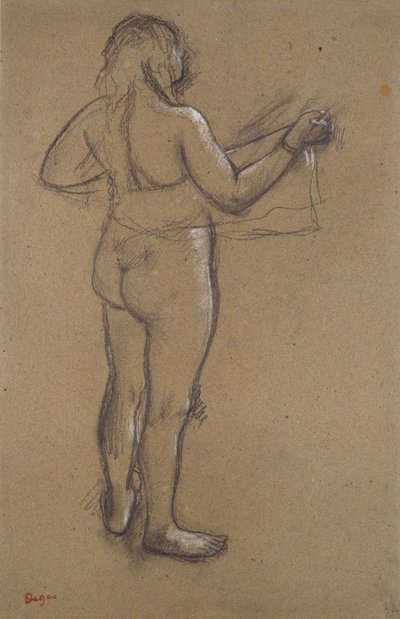 Naakte vrouw die zichzelf afdroogt met een handdoek, gezien van achteren, eind 19e eeuw door Edgar Degas