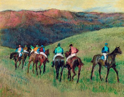 Renpaarden in een landschap door Edgar Degas