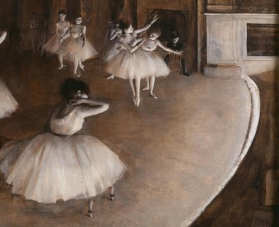 Repetitie van een ballet op het toneel door Edgar Degas