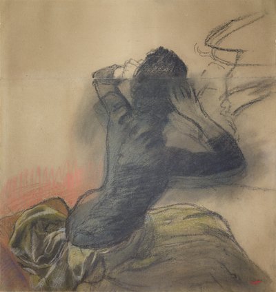 Zittende Vrouw die Haar Haar Aanpast door Edgar Degas