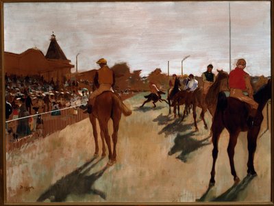 De parade of renpaarden voor de tribunes door Edgar Degas