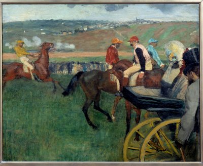 De renbaan, amateur jockeys bij een auto door Edgar Degas