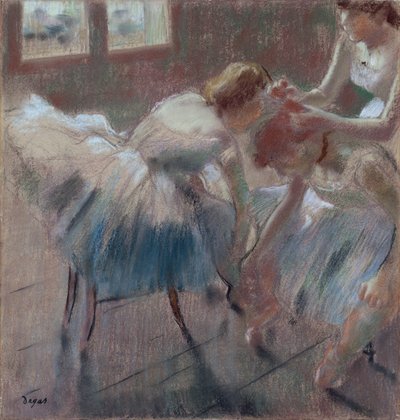 Drie Dansers die zich Voorbereiden op de Les door Edgar Degas