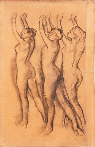 Drie Dansers in Bodysuits, met Opgeheven Armen door Edgar Degas