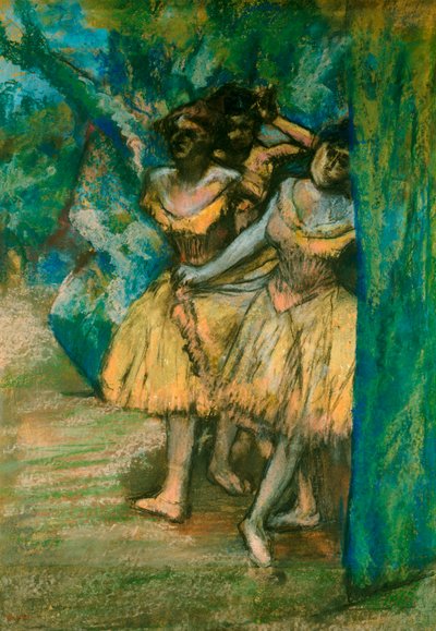 Drie dansers met een achtergrond van bomen en rotsen, 1904-06 door Edgar Degas