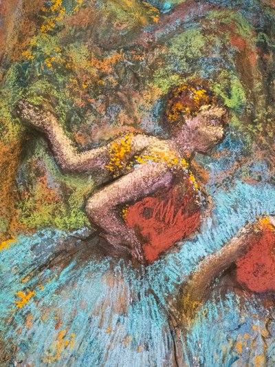 Drie dansers (blauwe rokken, rode korsetten) (detail) door Edgar Degas