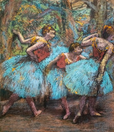 Drie dansers (blauwe rokken, rode korsetten) door Edgar Degas