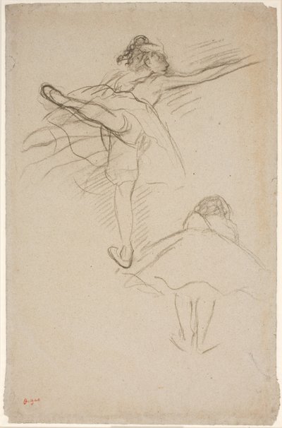 Twee studies van danseressen. Bovenste danseres staand op linkerbeen; onderste voorovergebogen danseres gezien vanaf de rug door Edgar Degas