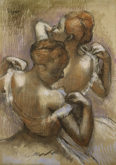 Twee Dansers die hun Schouderbanden Aanpassen, ca. 1897 door Edgar Degas