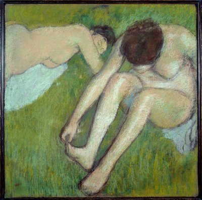 Twee baders op gras door Edgar Degas