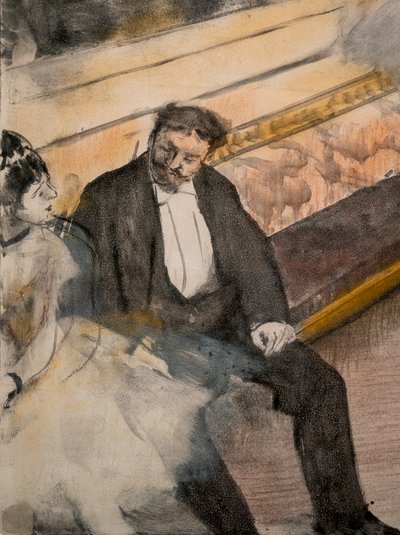 Twee mannen en twee dansers (detail). Rond 1876-1877. Pastel op monotype. door Edgar Degas