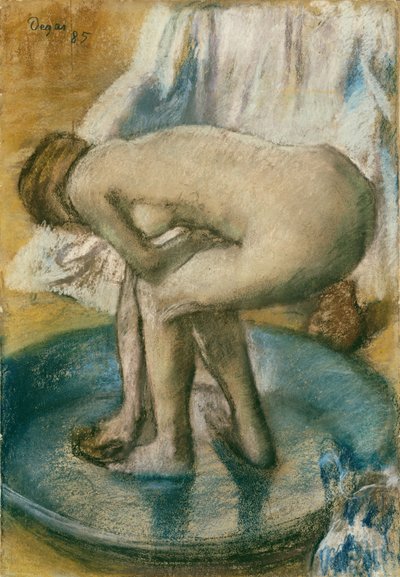 Vrouw die in een Ondiep Bad Baadt door Edgar Degas