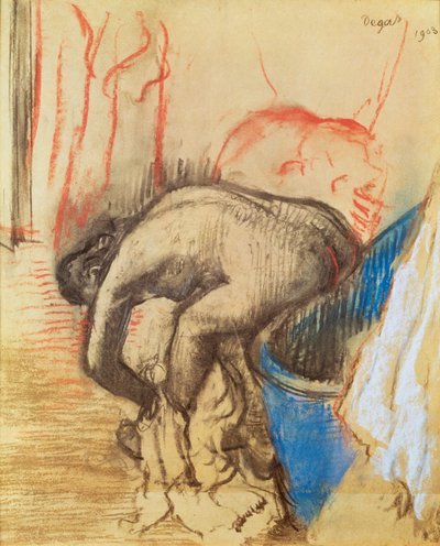 Vrouw die haar linkerbeen droogt door Edgar Degas