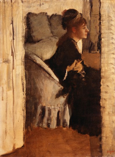 Vrouw die handschoenen aantrekt door Edgar Degas