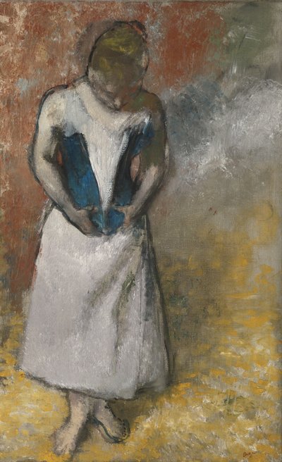 Vrouw die haar korset vastmaakt door Edgar Degas