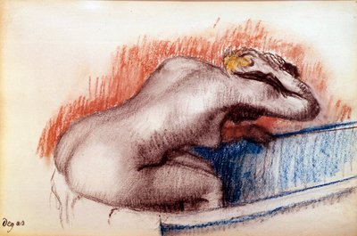 Vrouw die zich wast in een bad door Edgar Degas