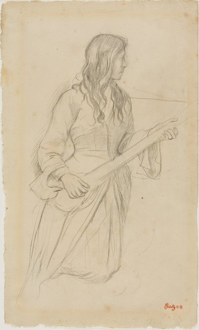 Jonge vrouw die mandoline speelt, studie voor portret van Mlle. Fiocre in het ballet "La Source" door Edgar Degas