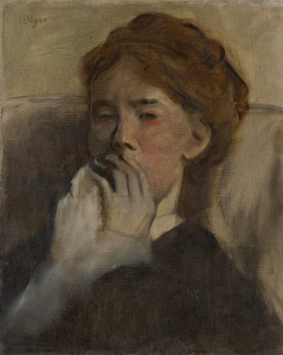 Jonge vrouw met haar hand over haar mond door Edgar Degas