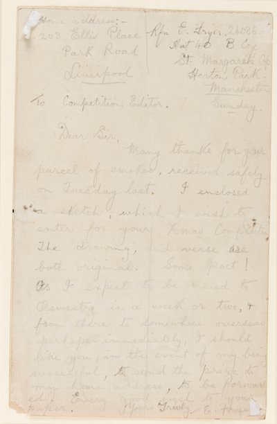 Brief aan een krantwedstrijdredacteur, 1914-18 door Edgar Fryer