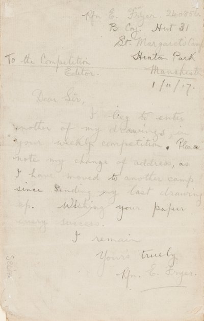 Brief aan een krantwedstrijdredacteur, 1 november 1917 door Edgar Fryer