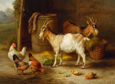 Kippen en geiten bij een schuurdeur door Edgar Hunt