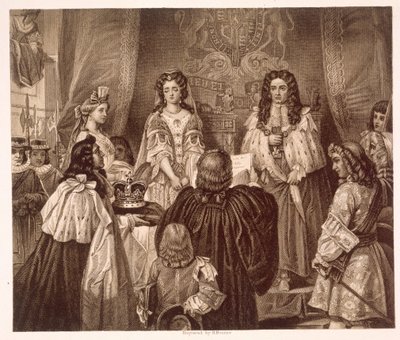 De kroon aangeboden aan Willem en Maria door de Heren en Gemeenten in Whitehall, 12 februari door Edgar Melville (after) Ward