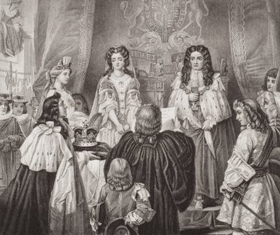 De kroon aangeboden aan Willem en Mary door de Heren en Gemeenten in Whitehall, 12 februari 1689, uit `Illustrations of English and Scottish History