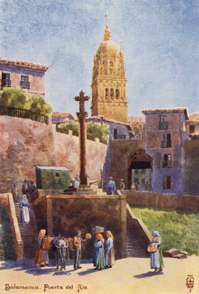Noord-Spanje: Salamanca, de Puerta del Rio, met de kathedraaltoren door Edgar T. A. Wigram