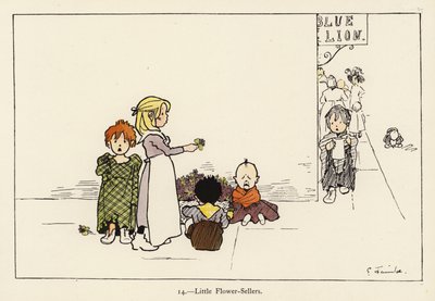 Kleine Bloemenverkopers (kleur litho) door Edith Farmiloe