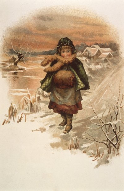Meisje op een besneeuwde weg, illustratie uit Waar lelies leven, 1889 door Edith S. Berkeley
