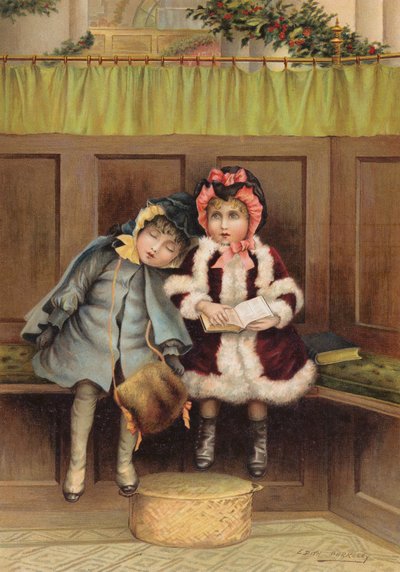 Twee meisjes in de kerk op kerstochtend door Edith S. Berkeley