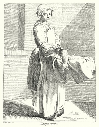 Visverkoper (gravure) door Edmé (after) Bouchardon